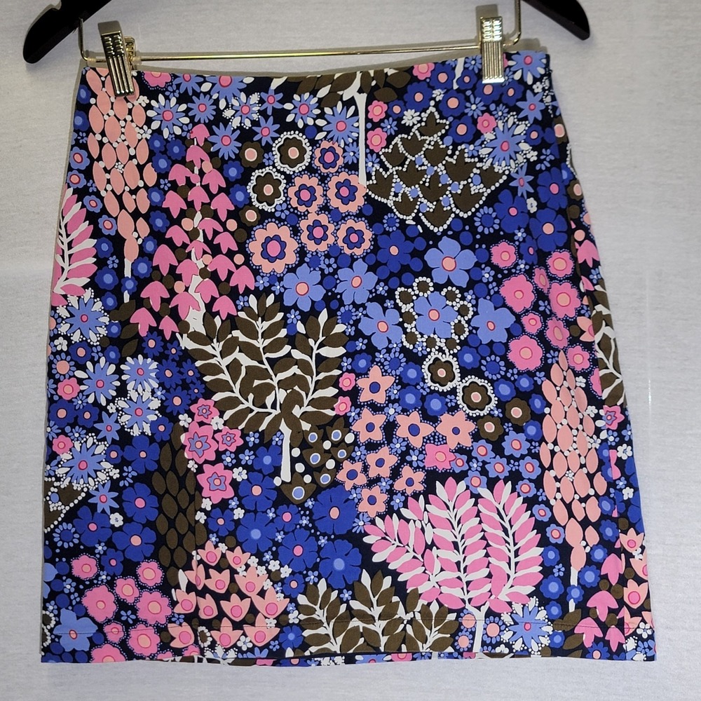 Talbots Skirt Sz 2 Pink Blue Floral Print Stretch Cotton Pencil A-Line Womens
